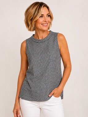 RAFAELLA Black & White Micro Gingham Sleeveless Stretch Top - Size Large